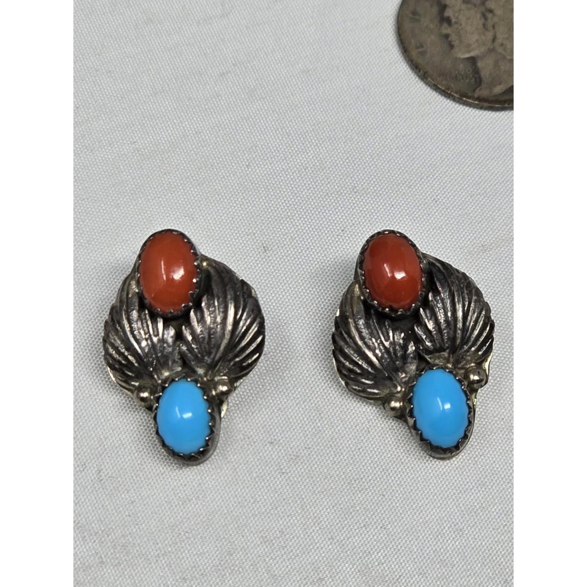 Sterling Silver Turquoise Coral Clip Earrings Vintage